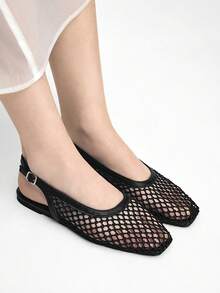 Mnmlis Zapatos planos de mujer con punta cuadrada, de moda, tejidos y sin cordones - Negro 1 - Ver 7