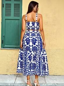 Breezaya Conjunto de 2 piezas con estampado para mujer talla grande, romántico, adecuado para vacaciones, casual, versátil y de moda para uso diario - Azul y blanco - Ver 2