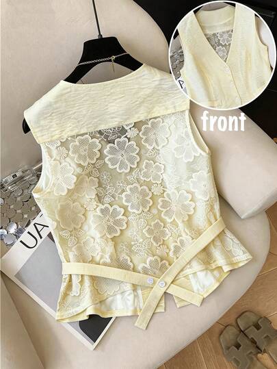 GlowEve CURVE Plus Size Women Elegant Apricot Blazer Vest, Lace Embroidered Back, Tie Design, Versatile For Work