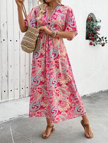 Breezaya Đầm nữ cổ chữ V xếp ly in họa tiết thanh lịch, thích hợp cho mùa hè. - Màu Hồng Tươi - Xem 6