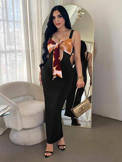 SHEIN SXY 女士夏季时尚性感撞色印花拼接镂空修身连衣裙