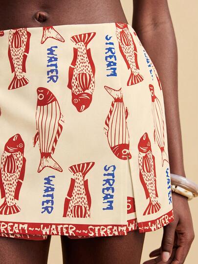 Travachic 女士休闲日常字母鱼印花短裙，夏季穿搭，夏季服装，女士沙滩装，女士度假装，女士休闲装，沙滩短裤