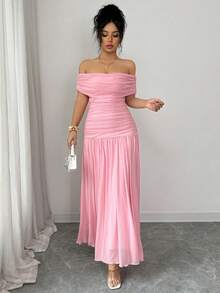 Elenzga Đầm dài trễ vai thanh lịch dành cho nữ, mùa hè - Hồng - Xem 7