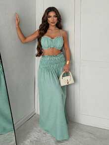 Slaydiva 春夏度假、海滩、优雅、浪漫、性感、派对、约会、生日派对、休闲优雅、吊带背心搭配三段式拼接长裙、褶皱面料女士套装 - A - 綠色 - 查看 4