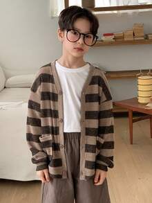 DAZY 男童休闲条纹纽扣外套，春秋季 - 棕色 - 查看 5