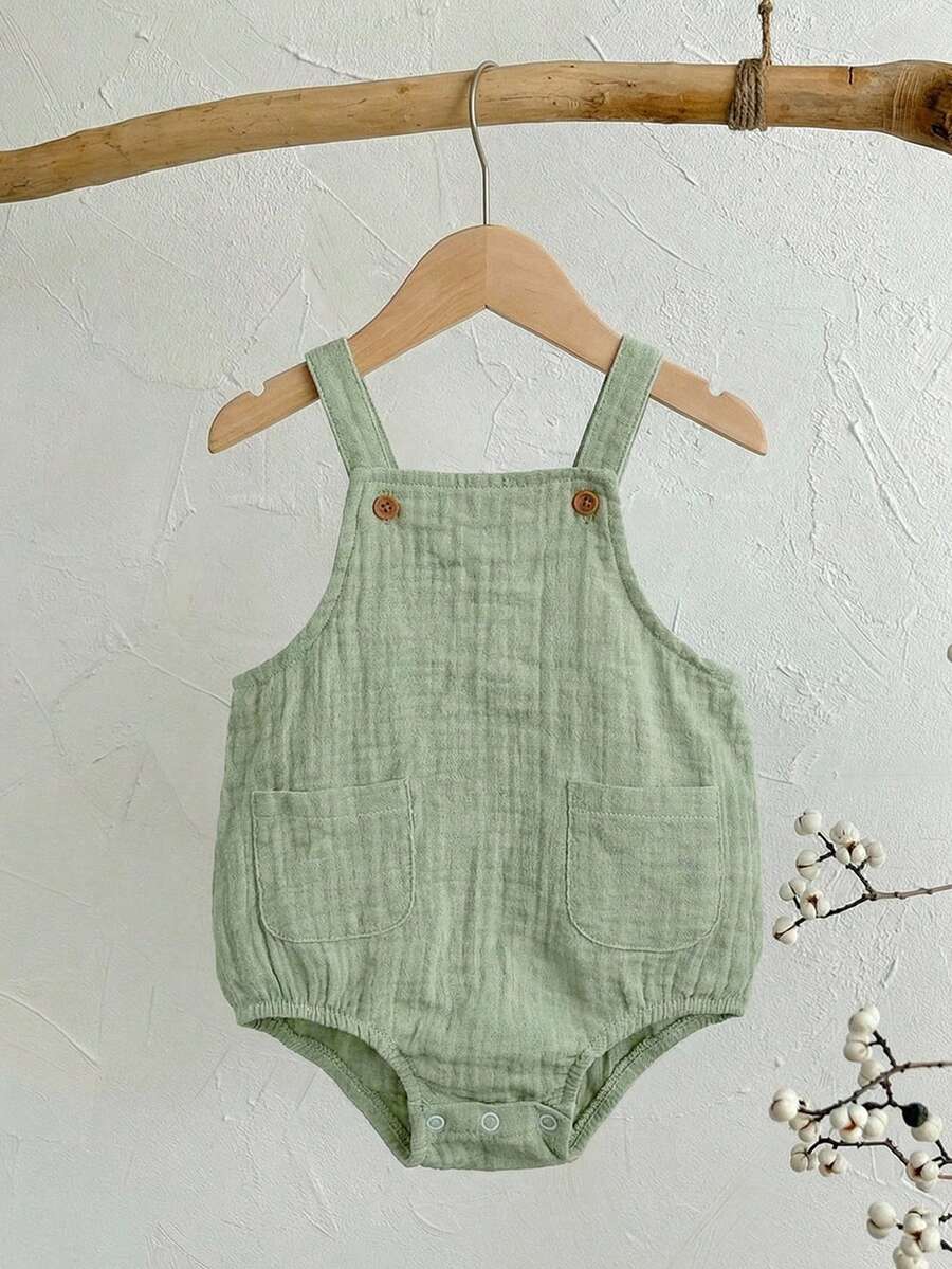 SHEIN 男女宝宝通用款休闲可爱卡其色纹理背带短裤连体衣，易穿脱婴儿连体衣，Bloom 连体衣，春夏款 - 綠色 - 查看 1