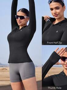 OutZeal 女士运动夹克跑步健身普拉提速干弹力修身拉链连帽运动上衣 - 黑色 - 查看 4