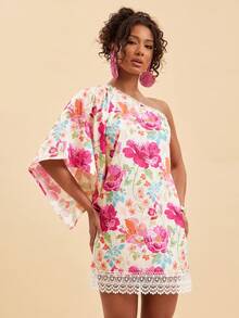 SHEIN TRVLCHIC 女士斜肩印花优雅迷你连衣裙 - 彩色 - 查看 3