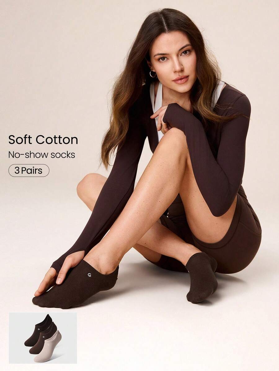 GLOWMODE 3 Pairs Invisible No-Show Socks Walk A Mile Soft Grip Daily Studio Workout Gym - Khaki + brown + dark coffee - View 1