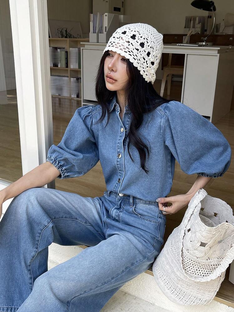 Women's Casual Washed White Puff Sleeve Shirt And Wide Leg Jeans Set, Spring/Summer