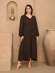 DAZY 亮片装饰褶皱花瓣袖直筒连衣裙，棕色，时尚休闲中长连衣裙，适合婚礼派对、春夏穿着 - 棕色 - 查看 1