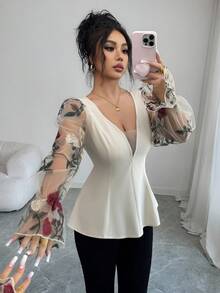 Selianne Women's Elegant Off-White Autumn Dinner Date Shirt,V-Neck Waist Cinched Puff Sleeve Embroidered Mesh Rose Floral Splice, Vacation Outings - Apricot - View 6