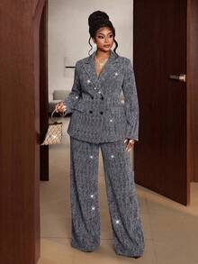 Maweii Bộ đồ cỡ lớn phong cách cổ điển lãng mạn thanh lịch đính sequin gồm áo khoác và quần hai hàng cúc, gồm 2 món. - Bạc - Xem 5