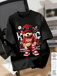 女士圆领休闲卡通字母印花短袖T恤，日常百搭 - 黑色 - 查看 1