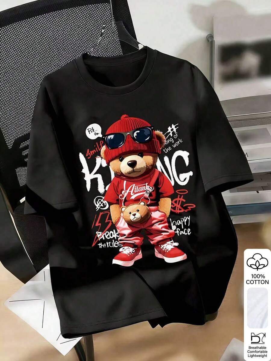 女士圆领休闲卡通字母印花短袖T恤，日常百搭 - 黑色 - 查看 1