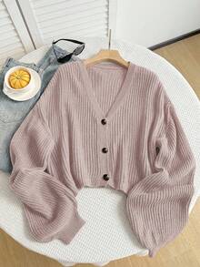SHEIN EZwear Plus Size Women's Solid Color Drop Shoulder Long Sleeve Casual Knit Cardigan, Pink - Pink - View 3