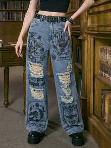 ROMWE Academia 休闲水洗深色印花做旧牛仔裤 - 藍色 - 查看 5