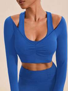 VARSIVA Solid Color Open Shoulder Fitted Cropped Sports T-Shirt - Royal Blue - View 6