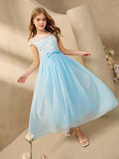 Elegant Blue Floral Chiffon Long Sleeve Fitted Maxi Dress For Tween GirlsSuitable For Evening Party, Christmas, Halloween, Prom, Wedding, Graduation And Other Occasions