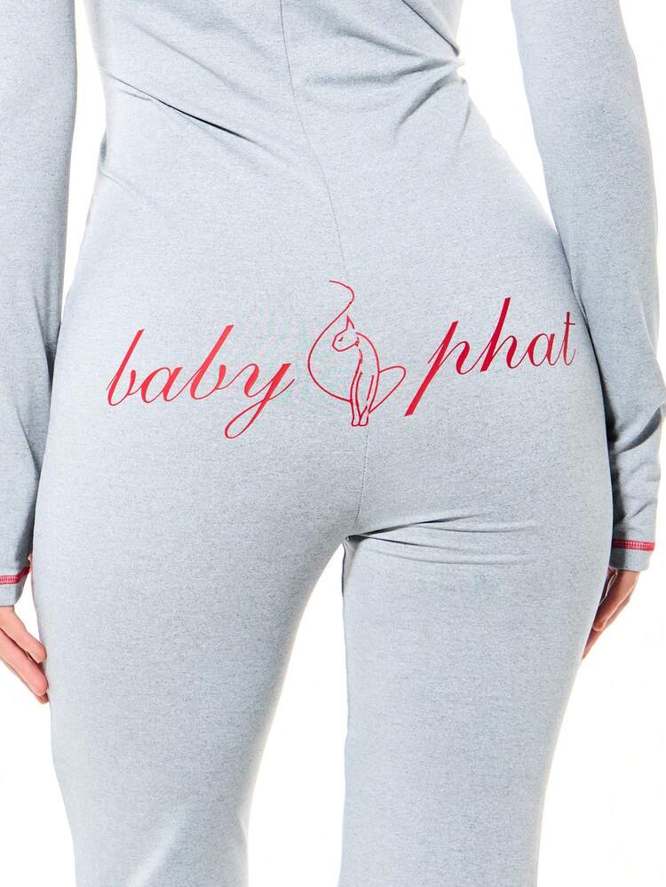 BABYPHAT Women's Long Sleeve High Neck Zip Up Flared Leg Jersey Jumpsuit With Front Print Detail