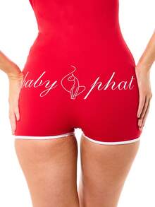 BABYPHAT 女士红色拉链连体裤，白色滚边，短袖连身裤，复古风格针织夏季连体裤，修身连体衣 - 紅色 - 查看 5