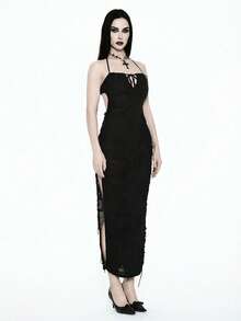 Glisette Women's Elegant Black Lace Slim Fit Spaghetti Strap Dress, Suitable For Dates In Spring/Summer - Black - View 4