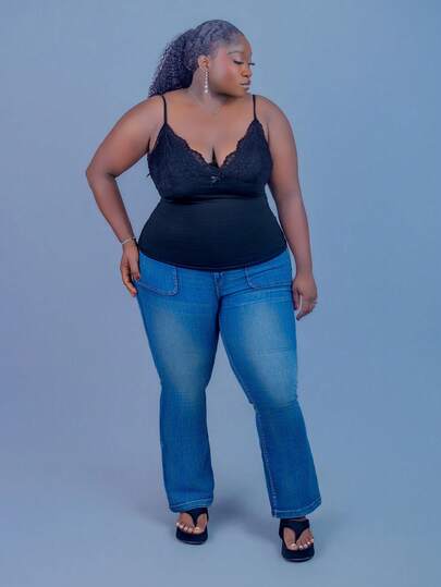 CurvyTilda 加大尺碼女性夏季對比蕾絲褶皺背心上衣