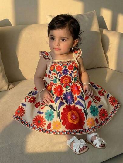 1pc Baby Girl Casual Cute Sweet Pattern Placement Retro Print Floral Vintage Style Sleeveless Elastic Waist Dress