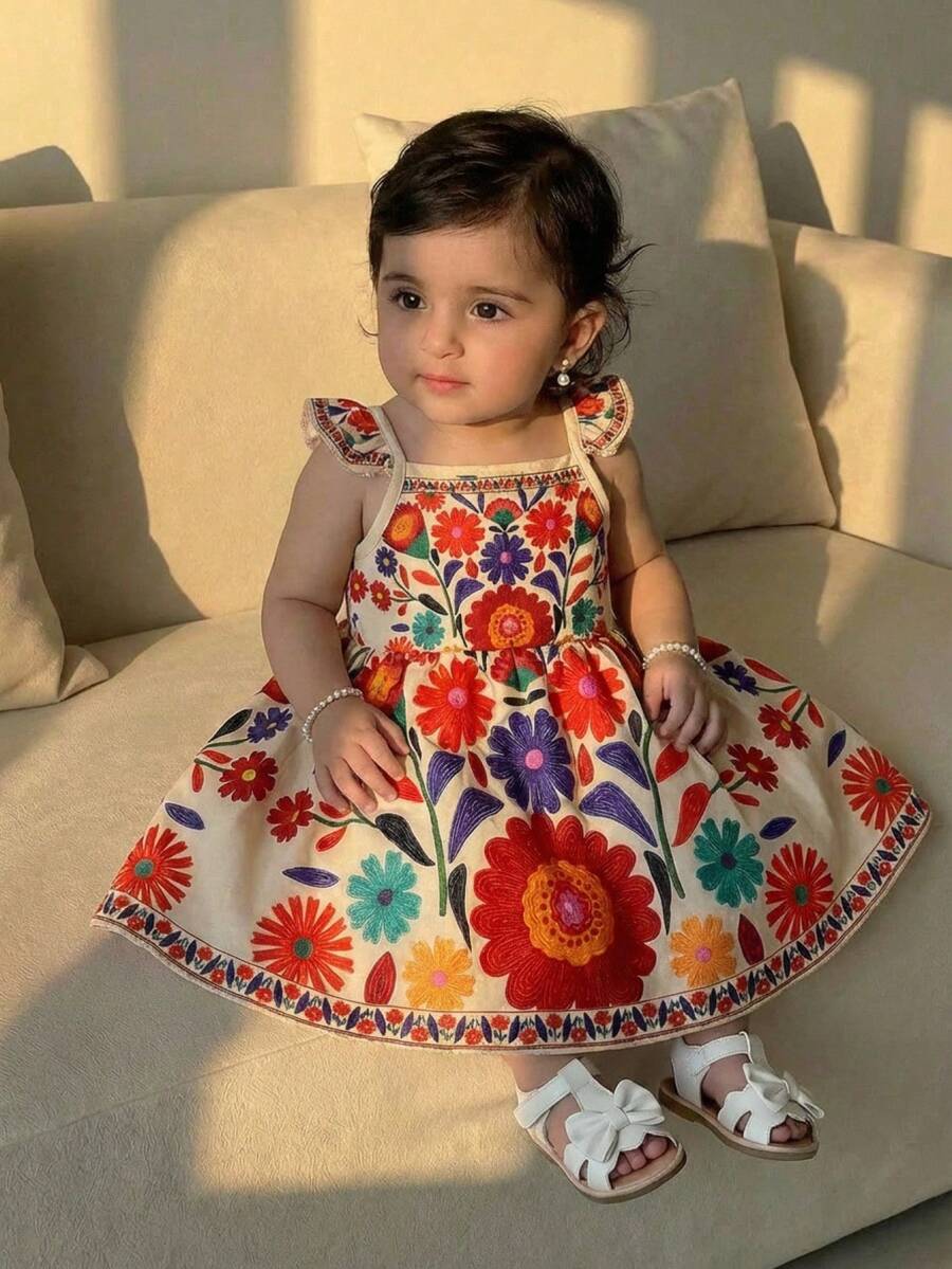 Travachic KIDS Travachic KIDS 1件女婴休闲可爱甜美图案复古印花花卉无袖松紧腰连衣裙 - 彩色 - 查看 1