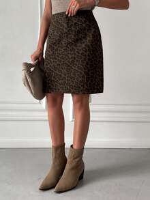 DAZY Women's Regular Waist Leopard Print A-Line Casual Denim Mini Skirt Y2k - Brown - View 2