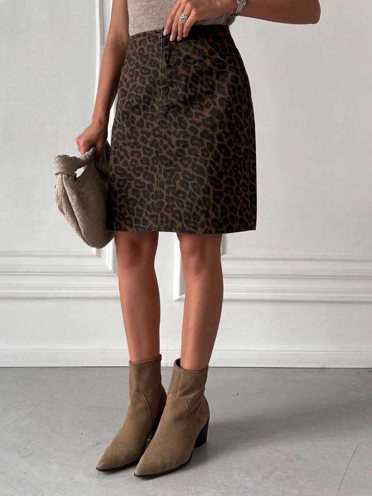 Women's Regular Waist Leopard Print A-Line Casual Denim Mini Skirt Y2k