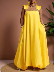 Truni 大码女式黄色灯笼连衣裙/优雅吊带连衣裙/吊带裙/长裙，适合音乐节、复活节、西式风格、生日、毕业典礼、学生日常穿着，百搭实用，休闲度假、邮轮旅行、海滩、日光浴、放松休闲。 - 黃色 - 查看 2
