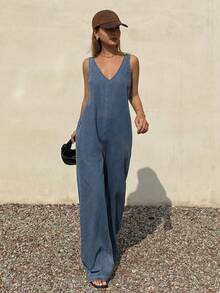 DAZY Bộ áo liền quần denim không tay cổ chữ V dành cho nữ, thích hợp cho kỳ nghỉ. - Rửa trung bình - Xem 5