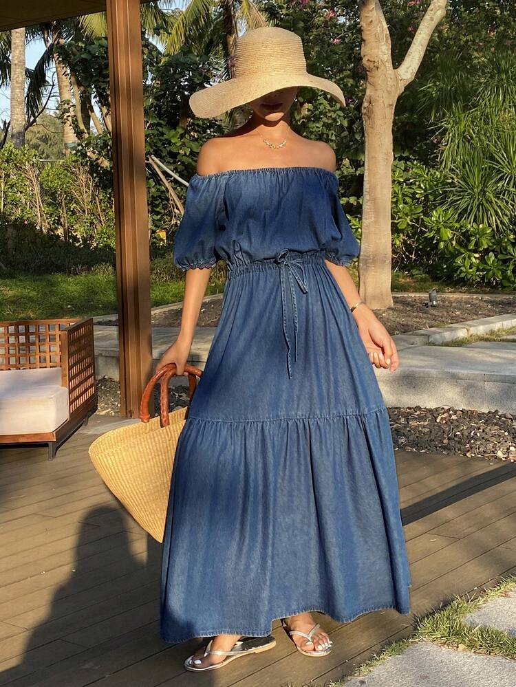 Women's Off-Shoulder Cinched Waist Short Sleeve Vacation Style Long Denim Dress Summer Maxi Dress