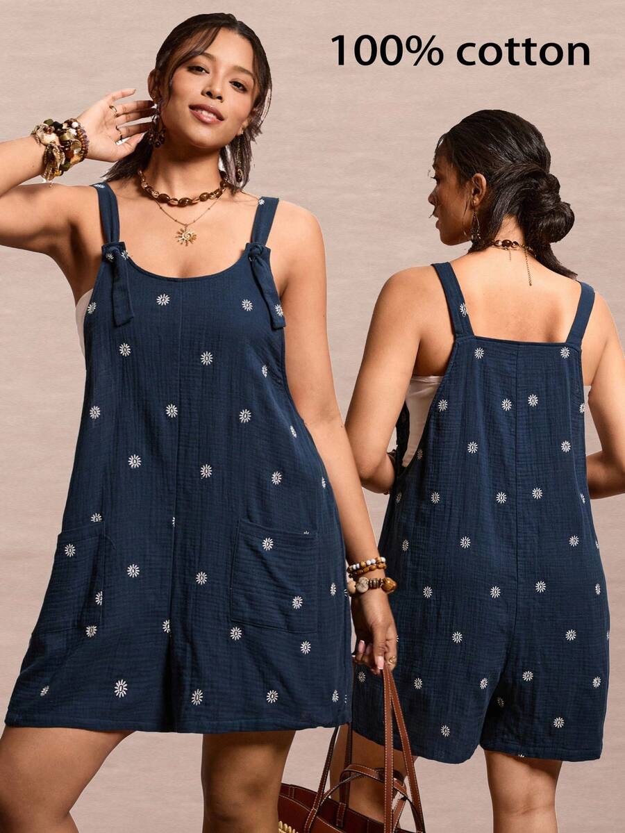 Freevana 100% Cotton Plus Size Women's Daisy Embroidery Inspired Double Pocket Casual Romper - Navy Blue - View 1