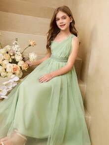 Elegant Flowing Mesh One Shoulder Twist Waist Flared Dress, Suitable For Weddings, Galas, Birthdays, Parties, All Seasons - Green - View 4