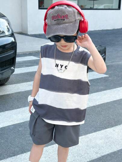 2pcs/Set Young Boys' Casual Korean Style Comfortable Minimalist Striped & Graphic Print Tank Top And Cargo Shorts Set, Suitable For Spider Hoodie, Zip Up Hoodie, Kids Hoodies, Kids Outfits, Toddler Boy Clothes, School, Back To School, Boys Set, Boys Outfits, Daily Wear, School, Travel, Sports, Spring/Summer