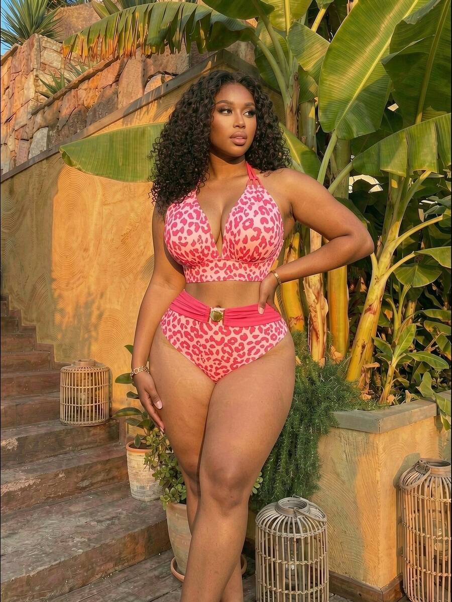 Swim Vcay Plus Size 2pcs Swimwear Set, Minimalist Daily Summer Beach Outfit For Women - Pink - View 1