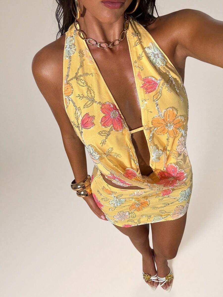 SHEIN BAE Light Yellow Sexy Mini Skirt Woven Fabric Plants Pattern Ruched Straight Hem - Light Yellow - View 1