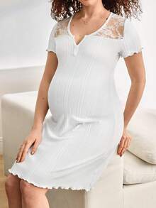 BloomMama 蕾丝拼接休闲孕妇睡裙，适合日常穿着 - 白色 - 查看 7