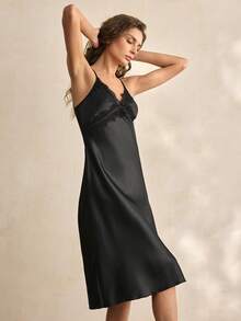 Charlaine Women's Solid Color Contrast Lace Sexy Camisole Nightgown - Black - View 3