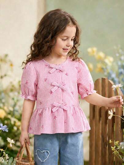 SHEIN Elladie kids Girl's Striped Bow Decor Ruffle Casual Versatile Daily Wear Short Sleeve Shirt