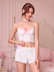 Bonmuse Contrast Lace Bow Fronts PJ Set / Pajama Set White Set Bow Tie - White - View 3