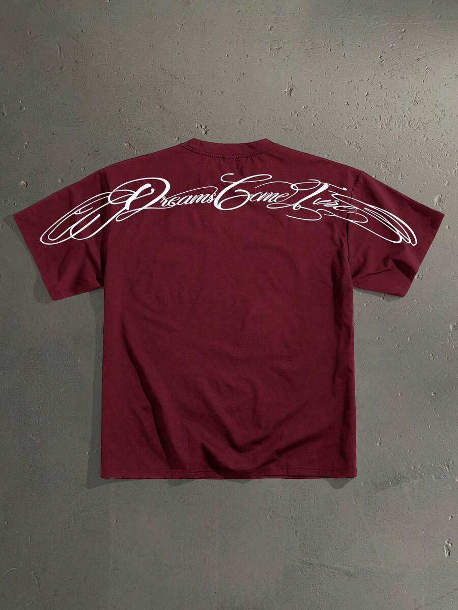 StoneGrade Men's Casual Letter Print Loose Cropped T-Shirt, Summer - Burgundy - View 1