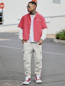 Devon Thys 男士落肩休闲前开襟二合一衬衫，长袖上衣 - 彩色 - 查看 1