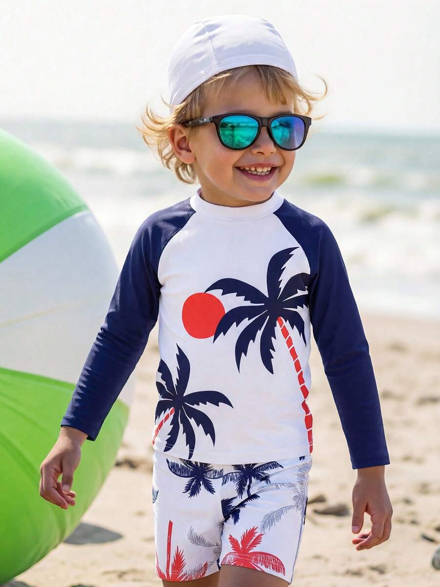 SHEIN 2件套男童休闲度假棕榈树图案泳裤套装 - 白色 - 查看 1