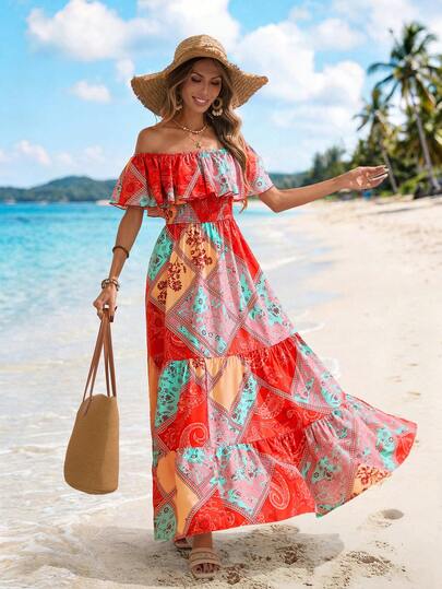 Sylviya Women's Casual Off Shoulder Vacation Floral Print Dress Dresses For Women Summer Dresses For Women Summer Clothes Sun Dresses For Women Cruise Outfit For Women Vacation Boho Womens Clothing Beach Vacation Outfits Woman Flowy Dresses Vestidos Largos Para Mujer Beach Outfits For Women Holiday Dresses Country Dress Country Concert Outfit Floral Dresses For Women