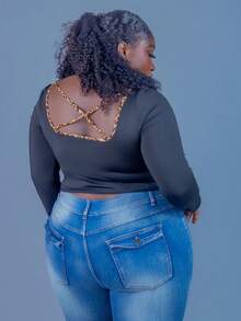 CurvyTilda 豹纹印花撞色心形胸前系带修身长袖性感女式衬衫 - 彩色 - 查看 5