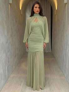 Aloruh Lantern Sleeve Green Ruched Elegant Mesh Mermaid Dress - Green - View 7