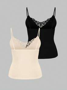 SHEIN LUNE Plus Size Lace Patchwork Solid Color Camisole 2 Pieces Set - Apricot - View 2
